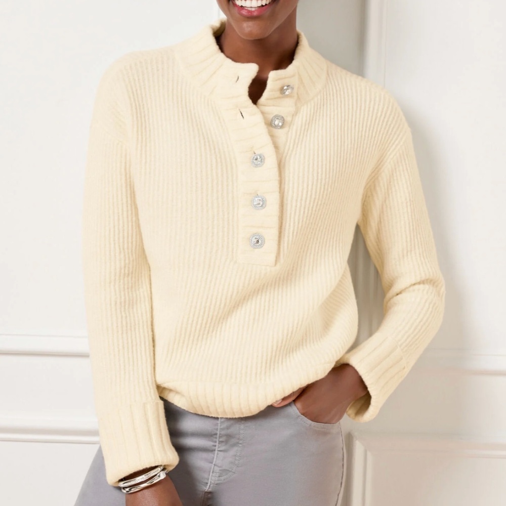 Talbots Jewel Button Henley Pullover Sweater Ivory XL Cotton/Wool Classic Winter